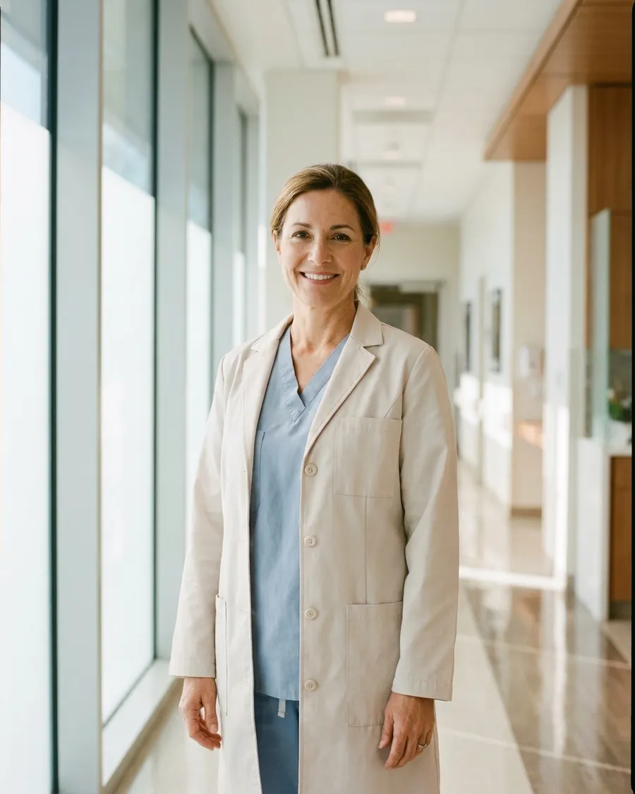 Friendly healthcare professional in a bright modern hospital corridor