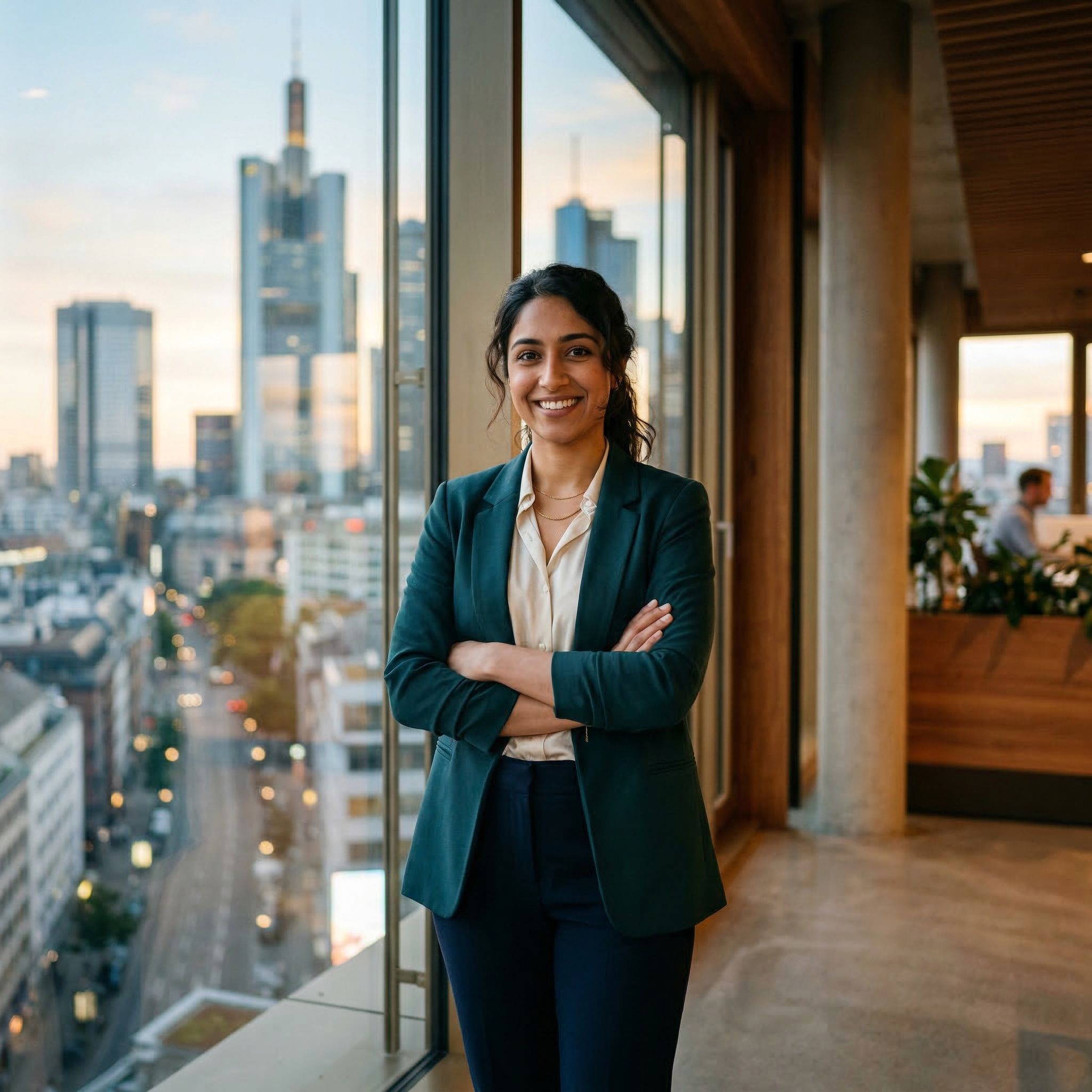 Independent health insurance adviser standing in front of a Frankfurt skyline at golden hour