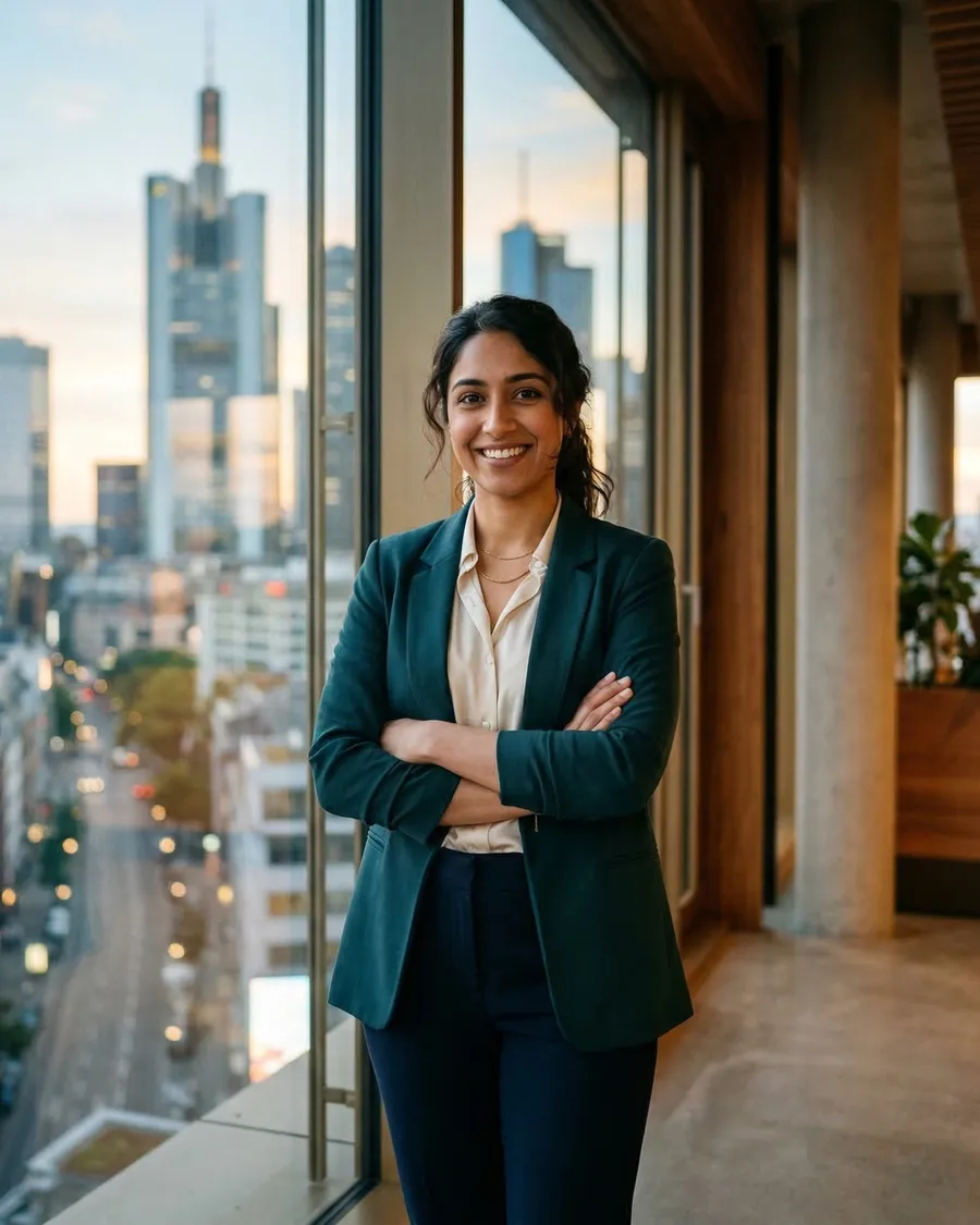 Independent health insurance adviser standing in front of a Frankfurt skyline at golden hour