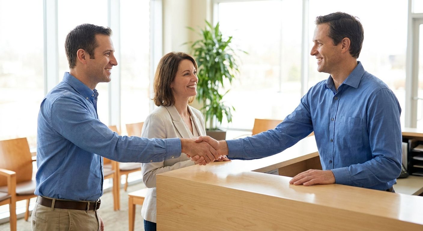 Broker welcoming a client with a handshake at a bright office reception