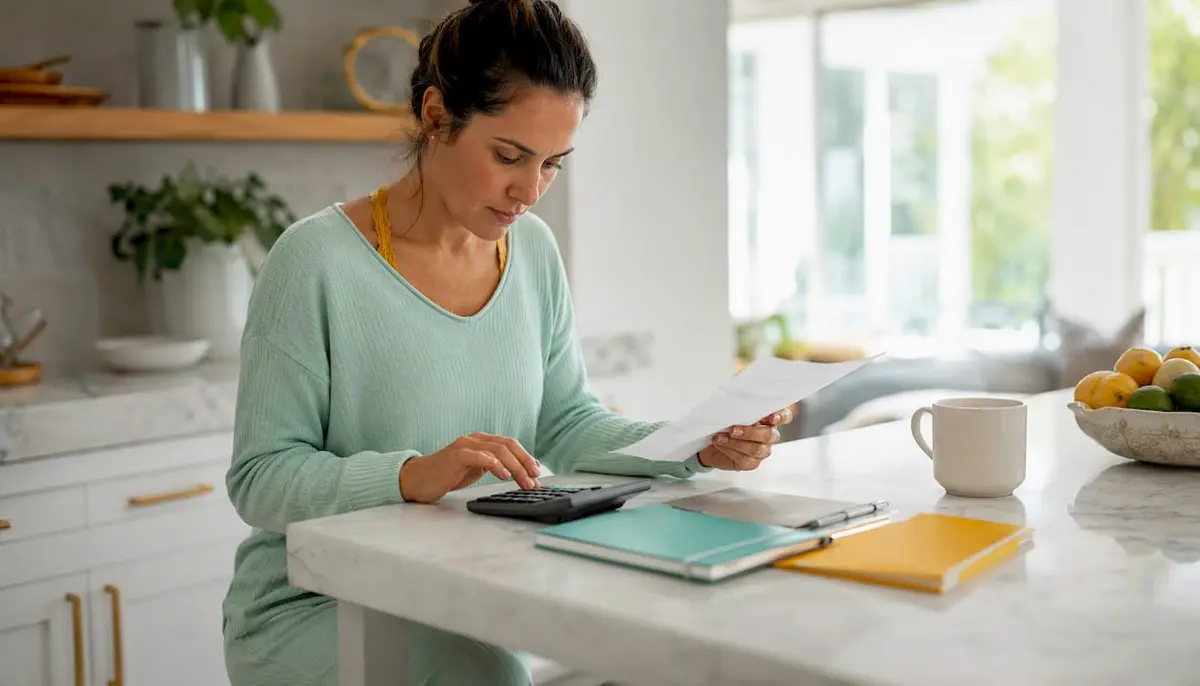 Self-employed woman calculating insurance costs at home