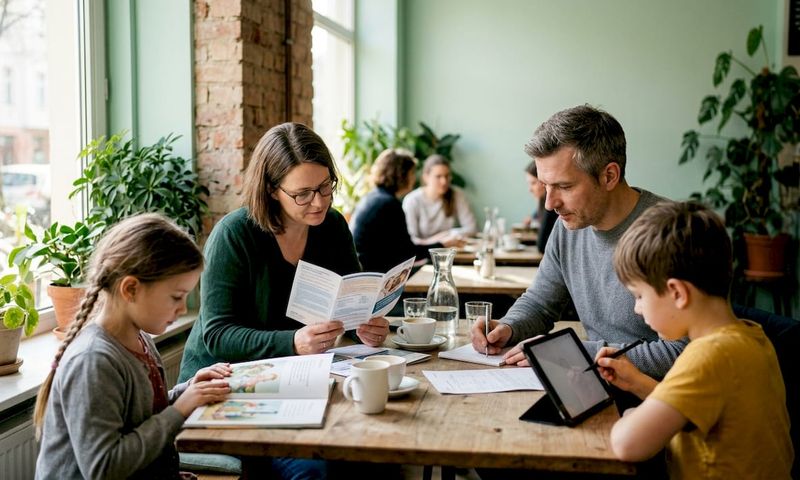 Family reviewing health insurance documents at kitchen table