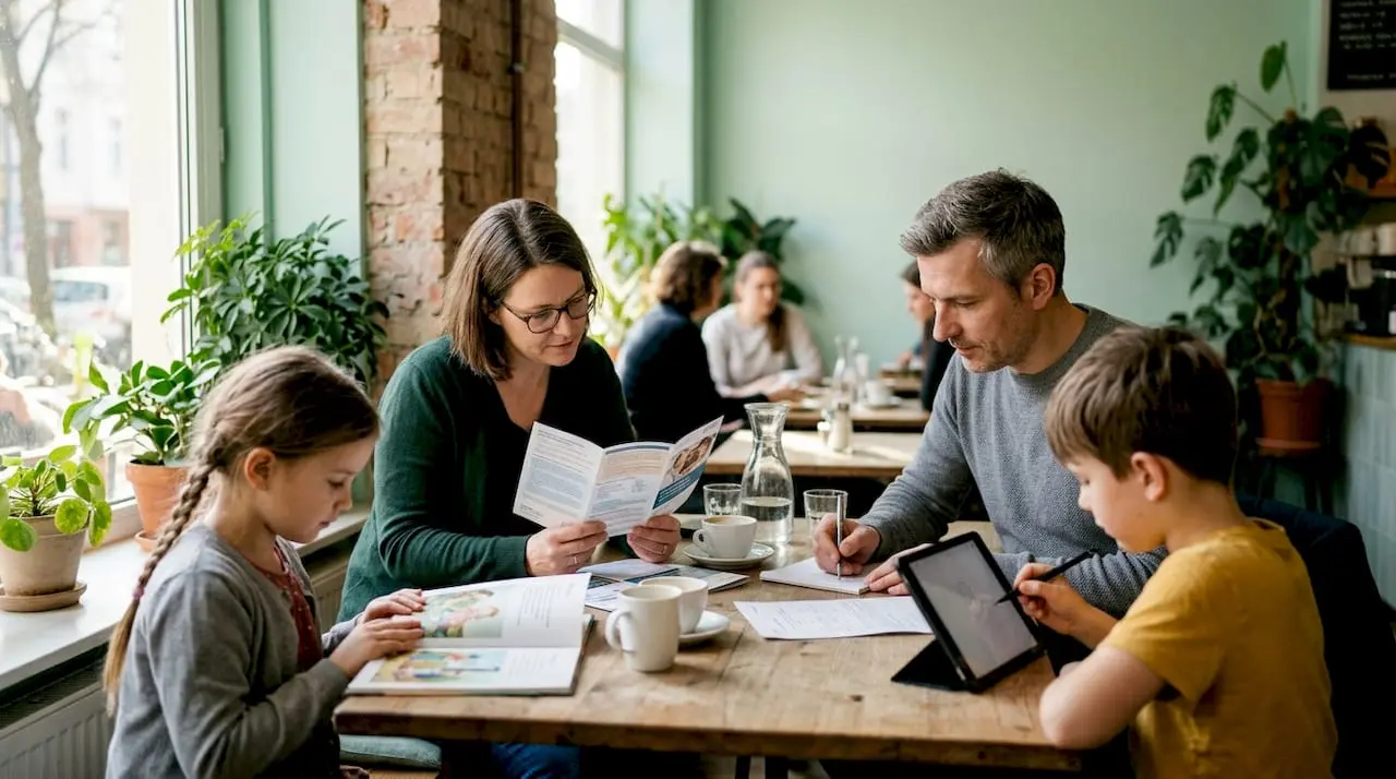 Family reviewing health insurance documents at kitchen table