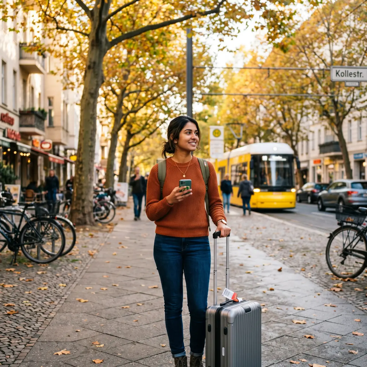 Young woman with a rolling suitcase on a tree-lined Berlin street as a yellow tram passes