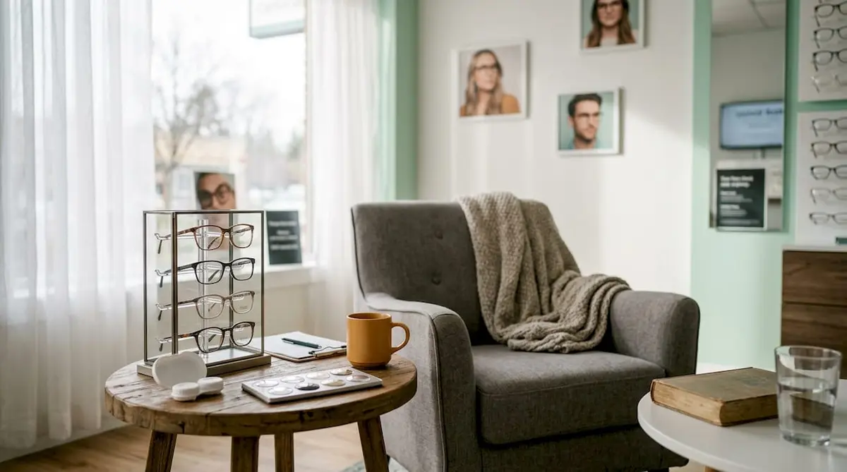 Optician desk with glasses and insurance documents