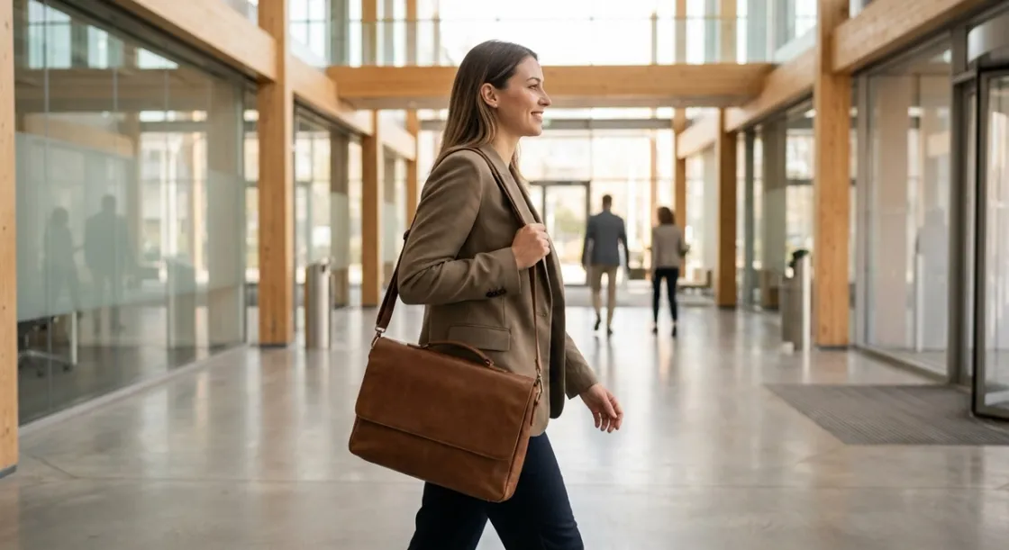 Young professional walking through a modern office lobby
