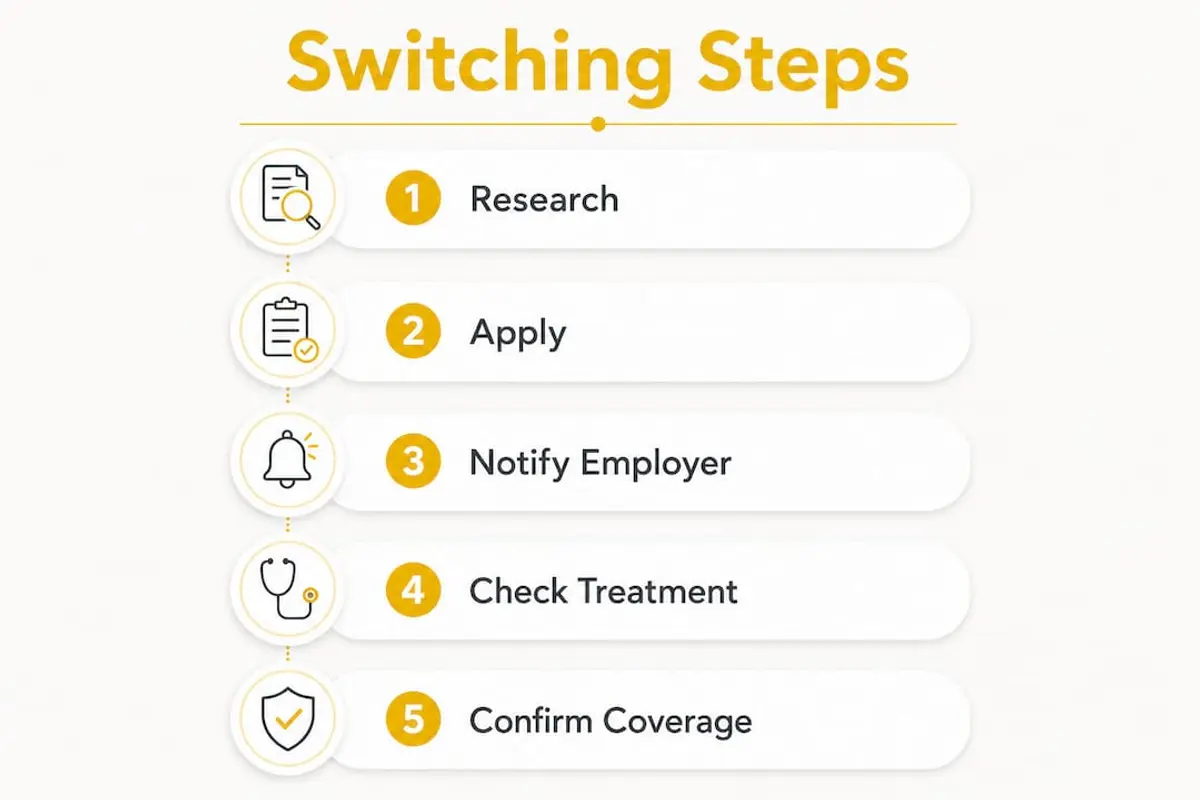 Infographic showing steps to switch health insurers mid-year