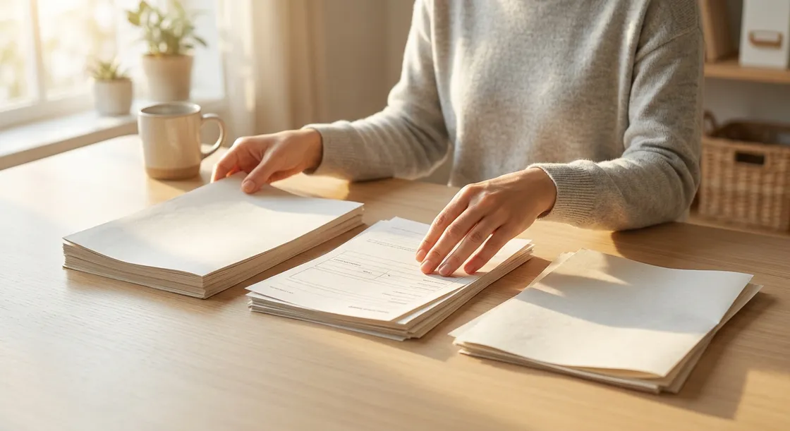 Persona en un escritorio clasificando un contrato de trabajo, una nómina y una factura de autónomo en tres montones