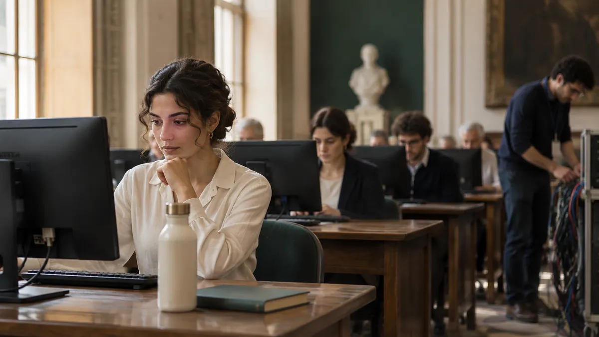 Aula scolastica italiana trasformata in sede d'esame: file di postazioni computer accese, docenti candidati seduti concentra…