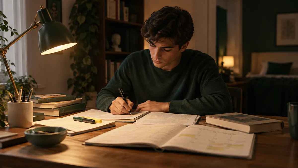 Scrivania di uno studente a casa la sera: calendario aperto su giugno 2027, evidenziatori, fogli con temi corretti, libro di…