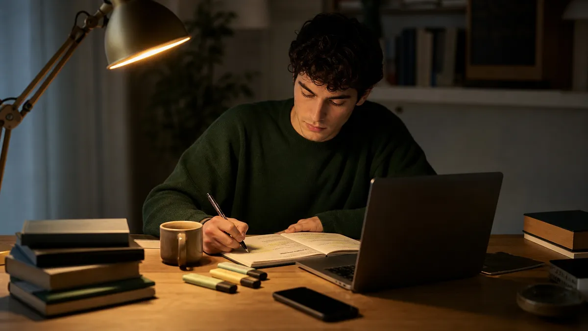 Scrivania di uno studente universitario la sera: quaderno aperto con appunti ordinati, evidenziatori, laptop e smartphone ac…