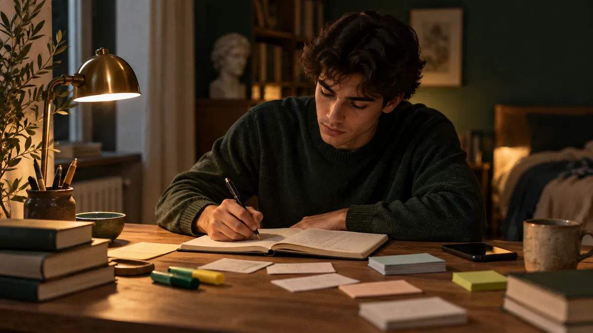 Scrivania di uno studente la sera: quaderno aperto con appunti, mazzo di flashcard cartacee sparse, smartphone appoggiato di…