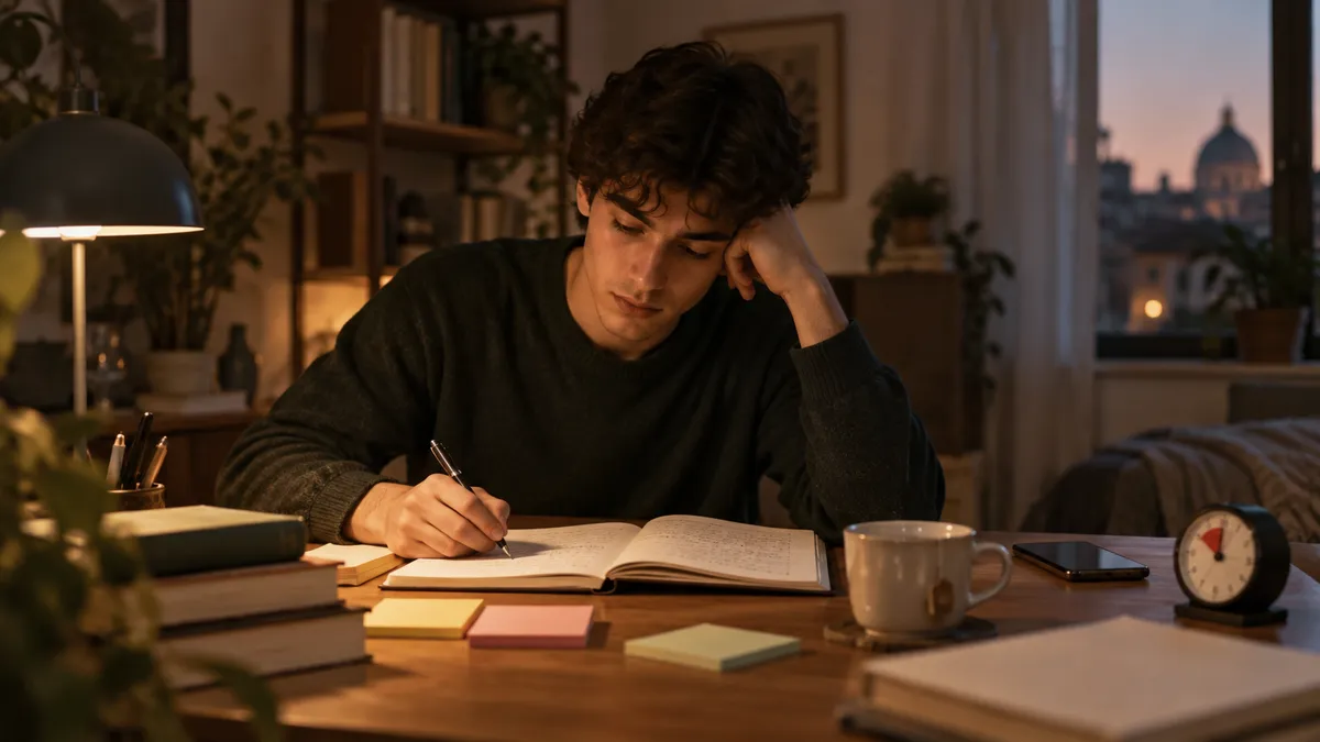 Scrivania reale di uno studente la sera prima di un orale: quaderno aperto con appunti, timer analogico, post-it colorati, u…