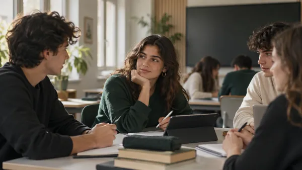 Aula scolastica italiana moderna dopo rinnovamento: banchi modulari, parete con lavagna digitale spenta, studenti in gruppo…