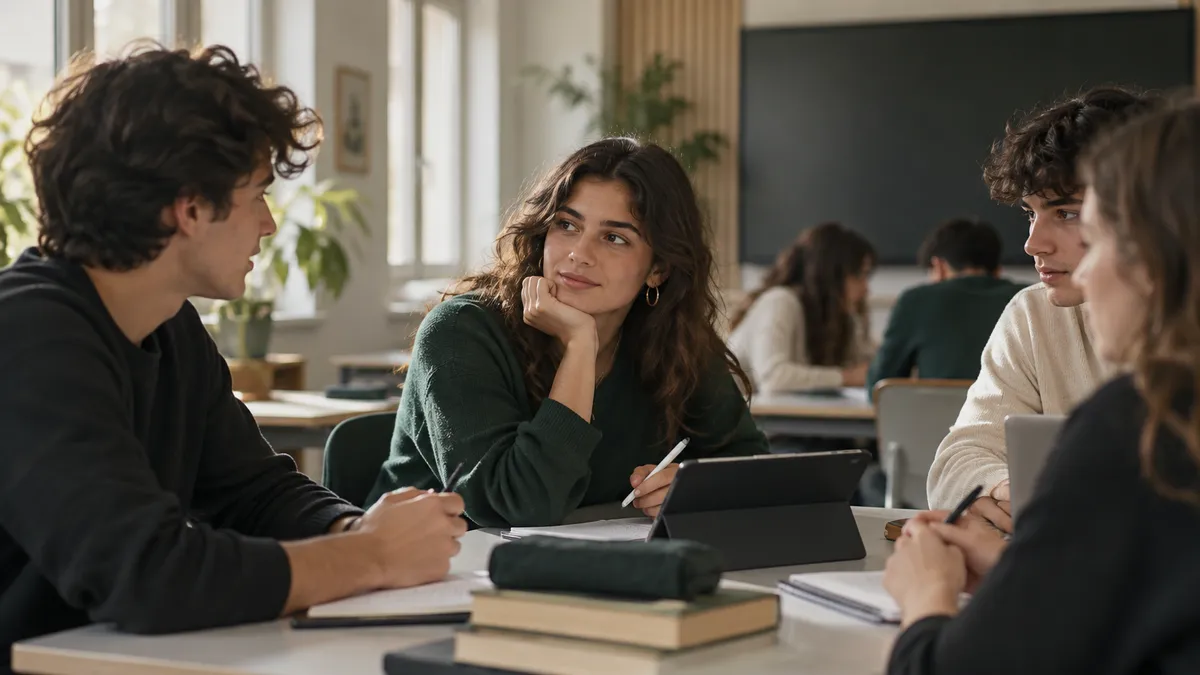 Aula scolastica italiana moderna dopo rinnovamento: banchi modulari, parete con lavagna digitale spenta, studenti in gruppo…