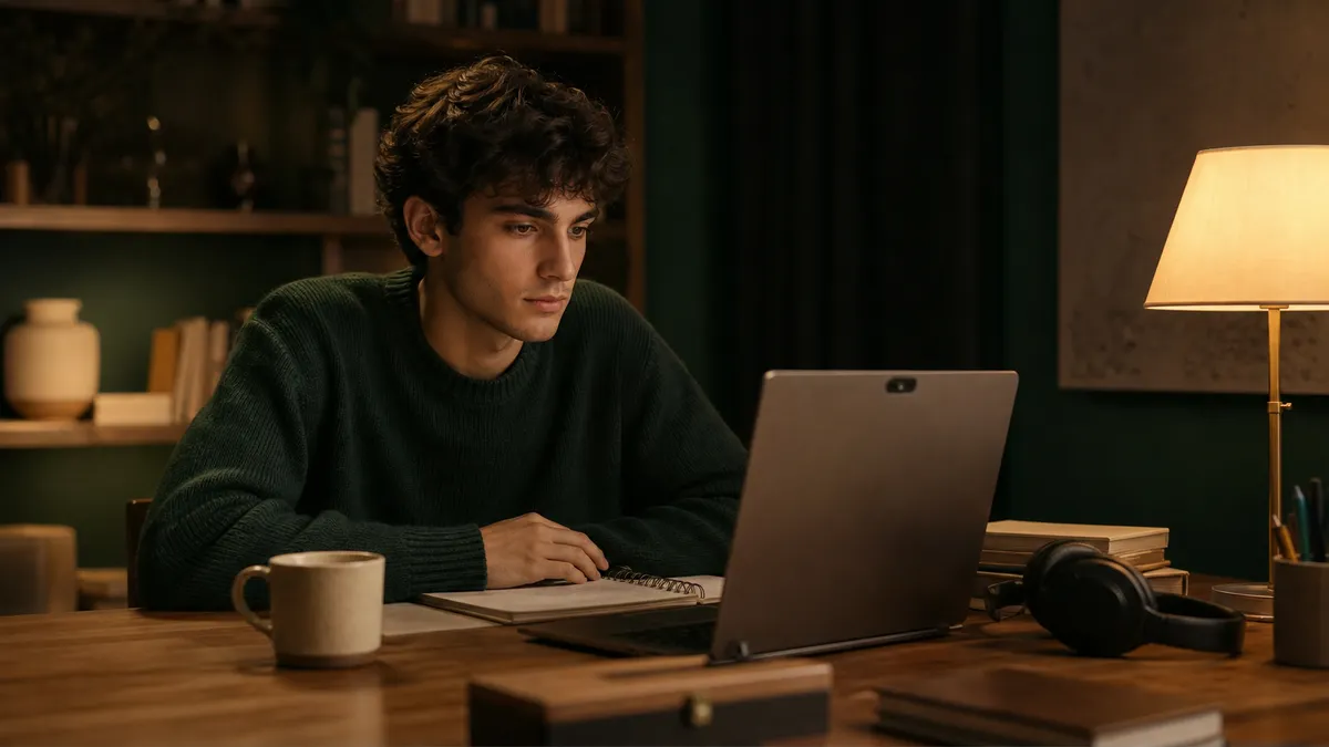 Studente universitario seduto a una scrivania ordinata con laptop aperto e quaderno, luce serale calda, webcam del laptop vi…