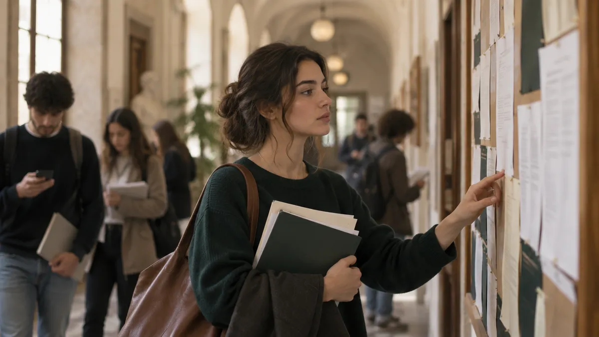 Corridoio universitario luminoso con bacheca di avvisi e studenti che controllano scadenze su fogli e smartphone, cartelline…