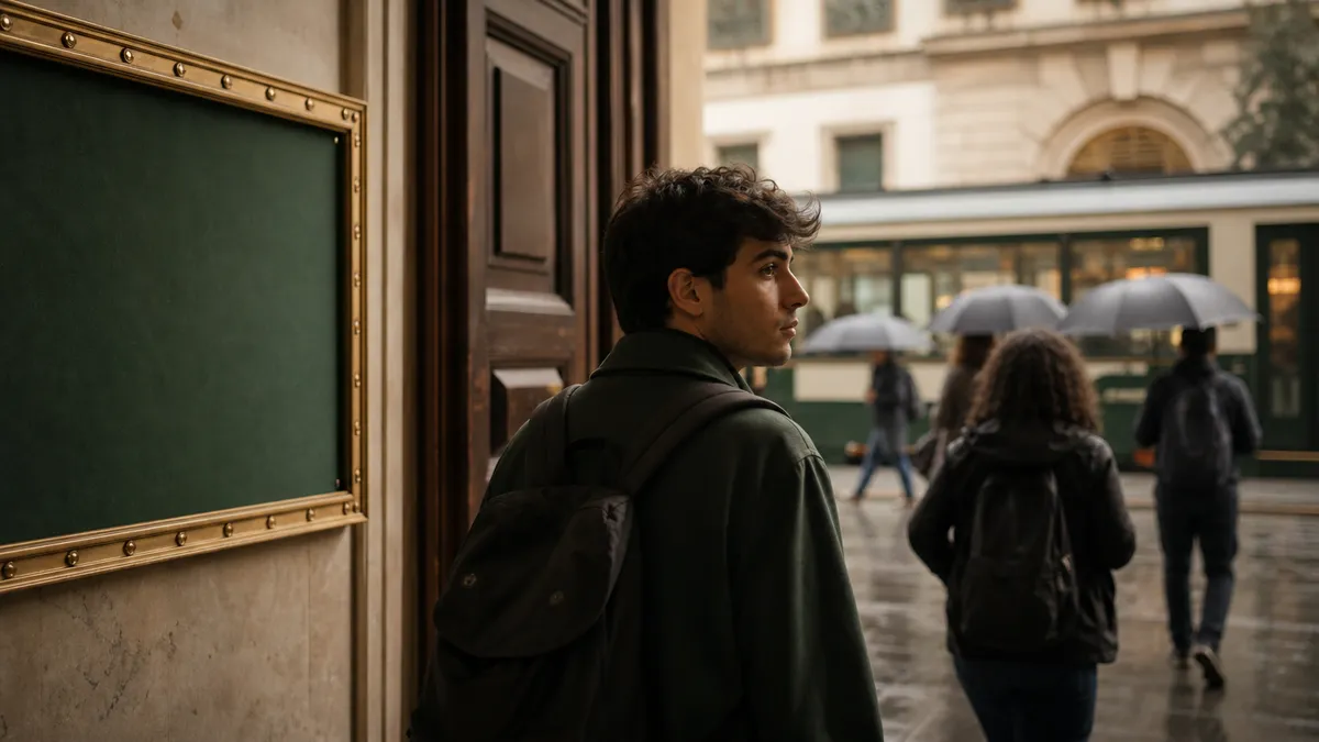 Ingresso di un'università italiana in una mattina piovosa: studenti con zaini e ombrelli, una bacheca senza testo visibile…