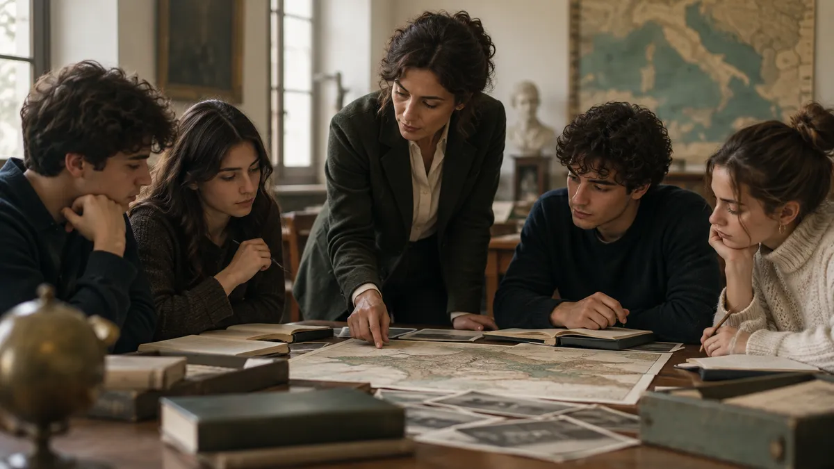 Aula scolastica italiana durante un laboratorio di storia: docente e studenti attorno a un tavolo con documenti d'archivio…