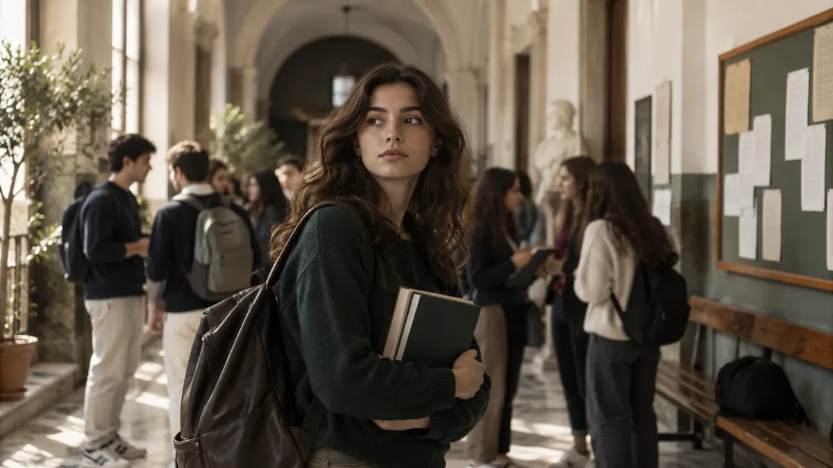 Corridoio di un liceo italiano durante l'intervallo: studenti con zaini e libri, una bacheca con fogli senza testo leggibile…