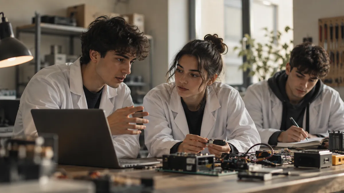 Aula laboratorio di un istituto tecnico: due studenti in tuta da laboratorio discutono davanti a un banco con componenti ele…