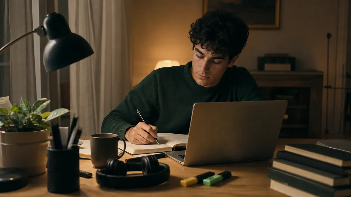 Scrivania di uno studente universitario la sera: laptop aperto con un video in riproduzione (senza testo visibile), quaderno…
