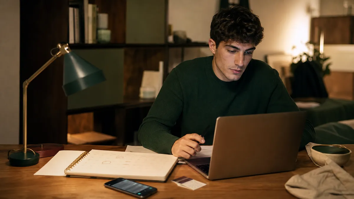Scrivania di uno studente universitario in una stanza condivisa: laptop aperto, calendario cartaceo con alcune date cerchiat…