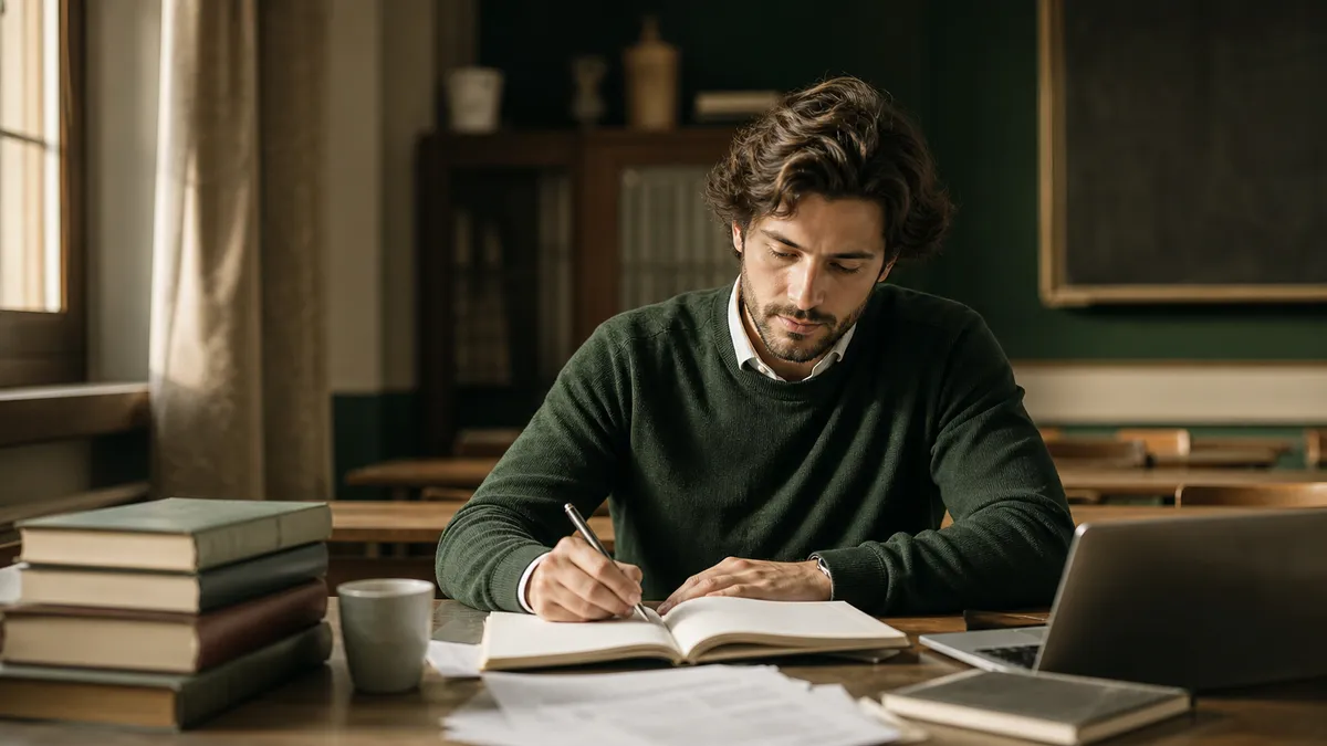 Docente italiano in aula vuota dopo le lezioni, seduto a un banco con libri di pedagogia, normativa scolastica e un quaderno…