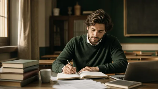 Docente italiano in aula vuota dopo le lezioni, seduto a un banco con libri di pedagogia, normativa scolastica e un quaderno…
