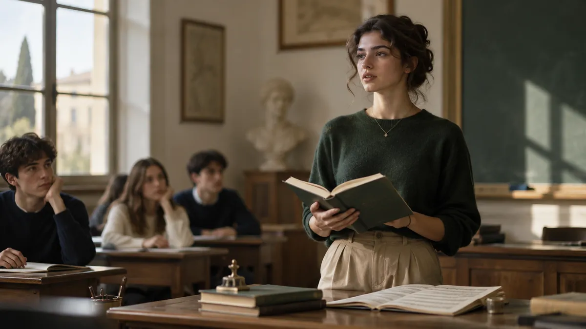Aula di liceo italiana durante un'interrogazione orale: una studentessa in piedi vicino alla cattedra con un libro di letter…
