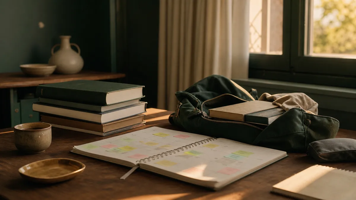 Scrivania di uno studente a fine estate: quaderno aperto con calendario cartaceo pieno di post-it colorati, zaino semiaperto…