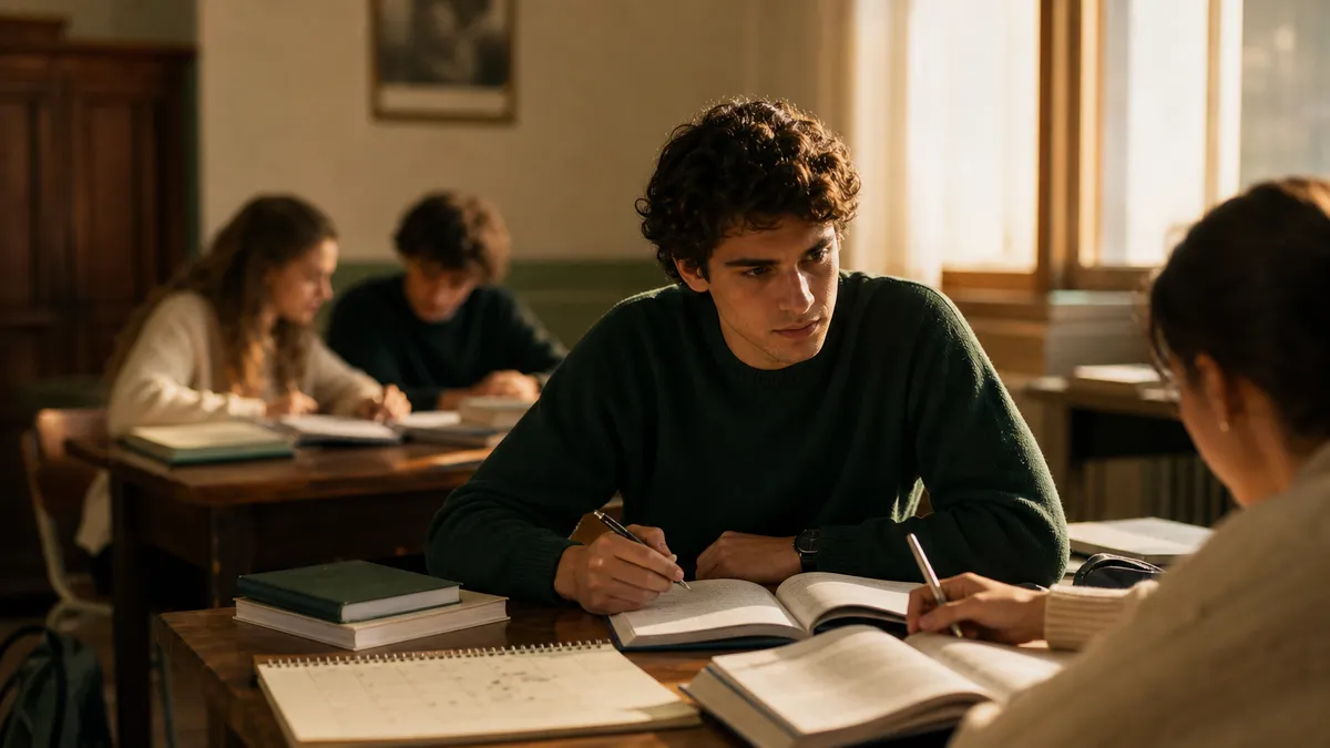 Aula scolastica italiana a fine maggio: banchi con libri aperti, un calendario cartaceo sul banco con giorni evidenziati, za…