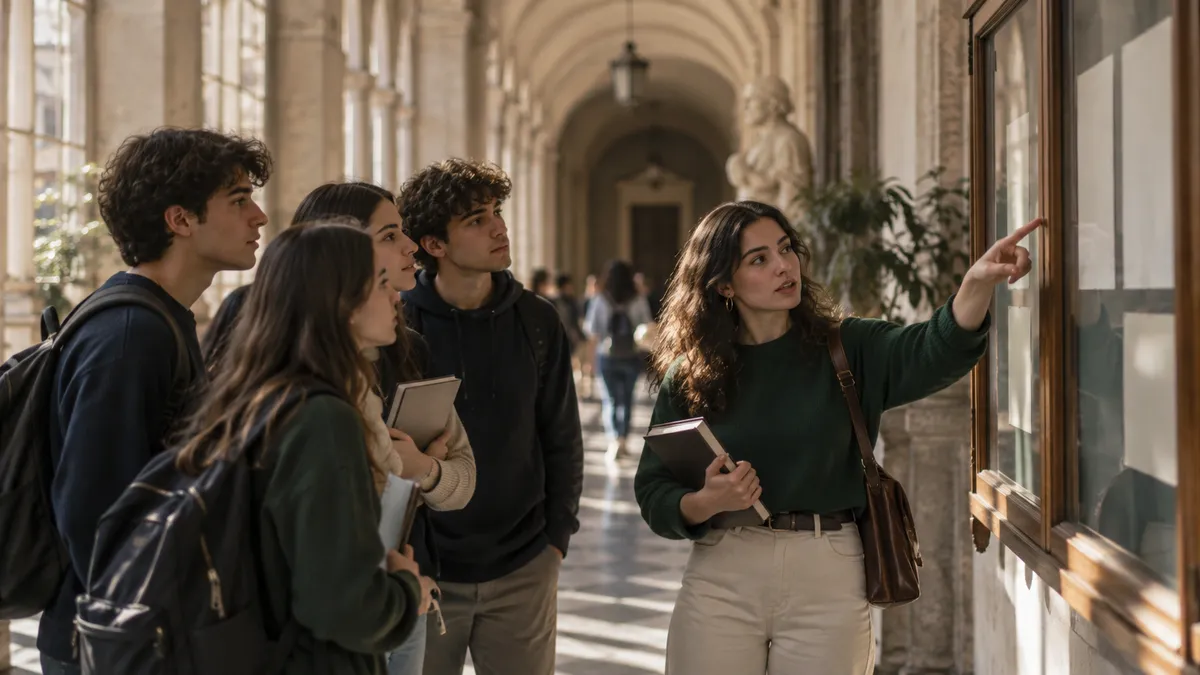 Corridoio dell'Università Federico II a Napoli in una mattina luminosa: gruppetto di studenti delle superiori con zaini e ta…