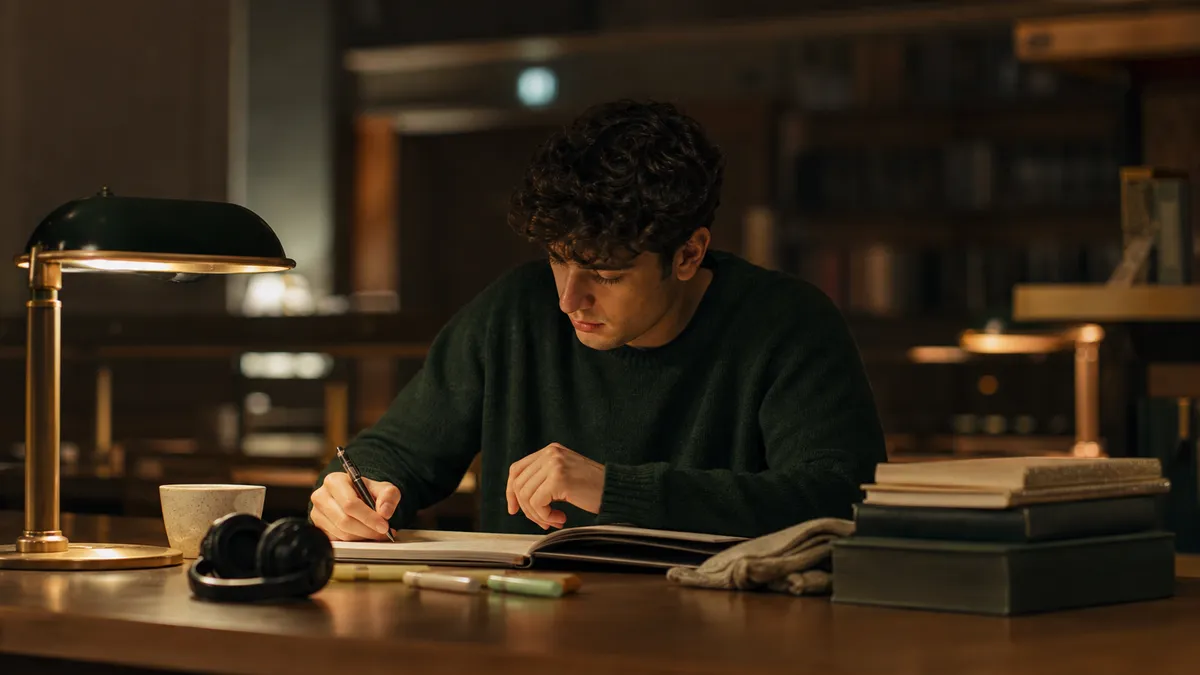 Studente universitario seduto a un tavolo in biblioteca la sera, quaderno aperto, evidenziatori, cuffie appoggiate, tazza di…