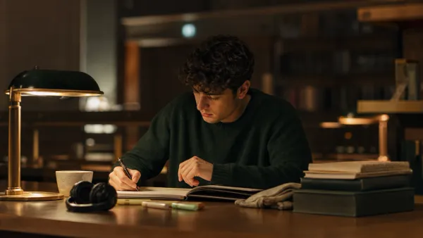 Studente universitario seduto a un tavolo in biblioteca la sera, quaderno aperto, evidenziatori, cuffie appoggiate, tazza di…