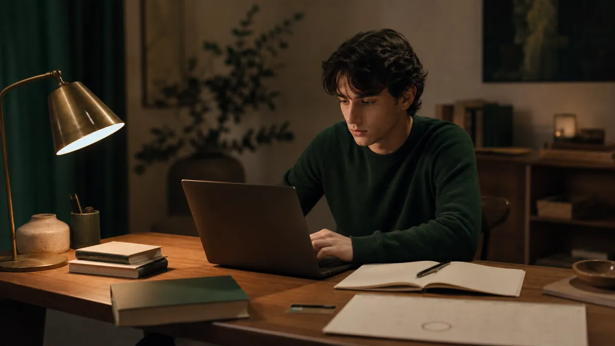 Scrivania di uno studente universitario la sera: laptop aperto, quaderno con appunti, calendario cartaceo con una data cerch…