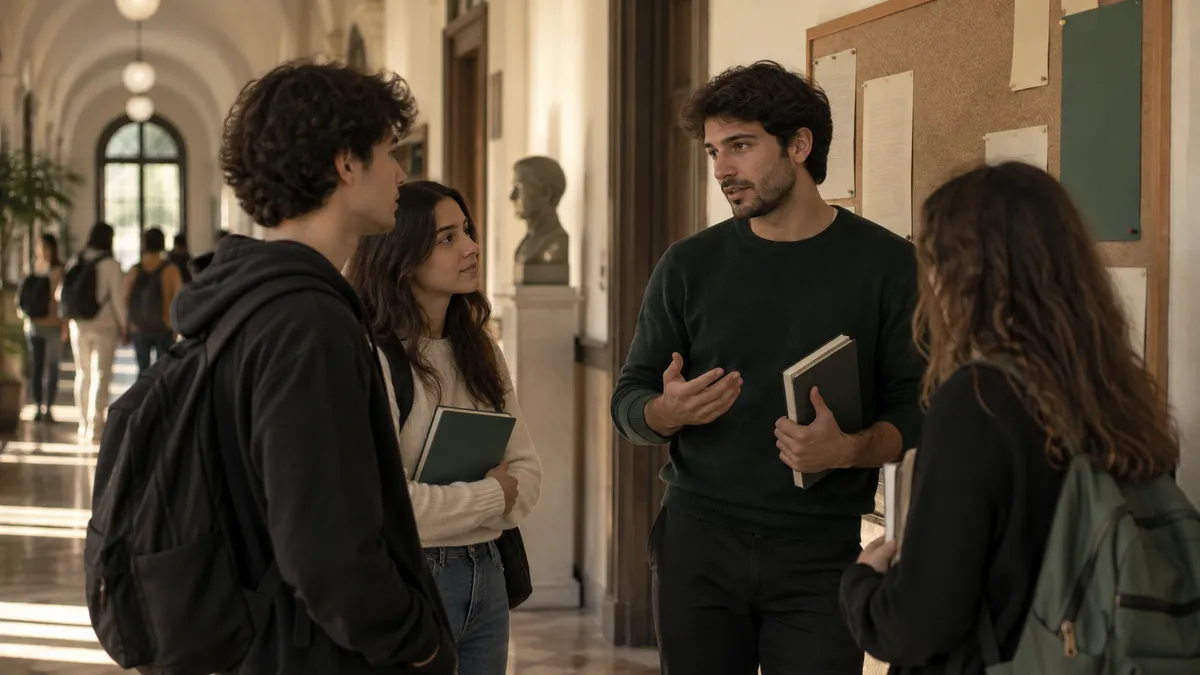 Corridoio di una scuola superiore italiana nel pomeriggio, luce calda, alcuni studenti con zaini e quaderni parlano con un a…