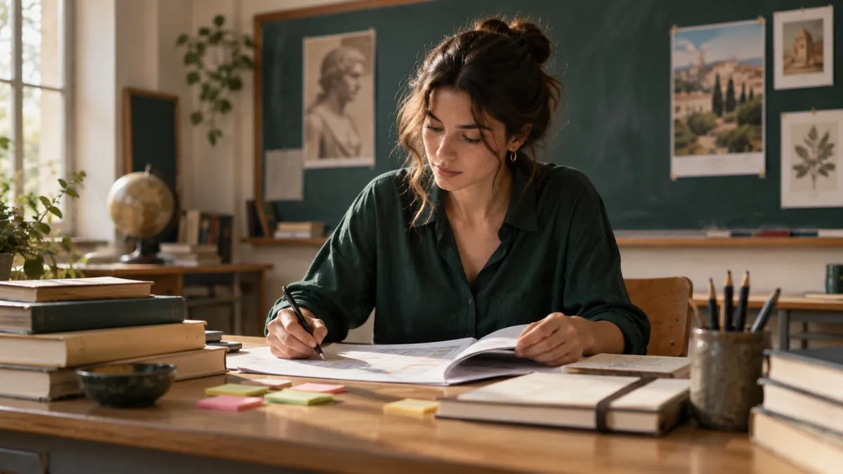 Docente in un'aula luminosa che prepara una lezione: sul tavolo ci sono quaderni, libri di pedagogia, una griglia di valutaz…