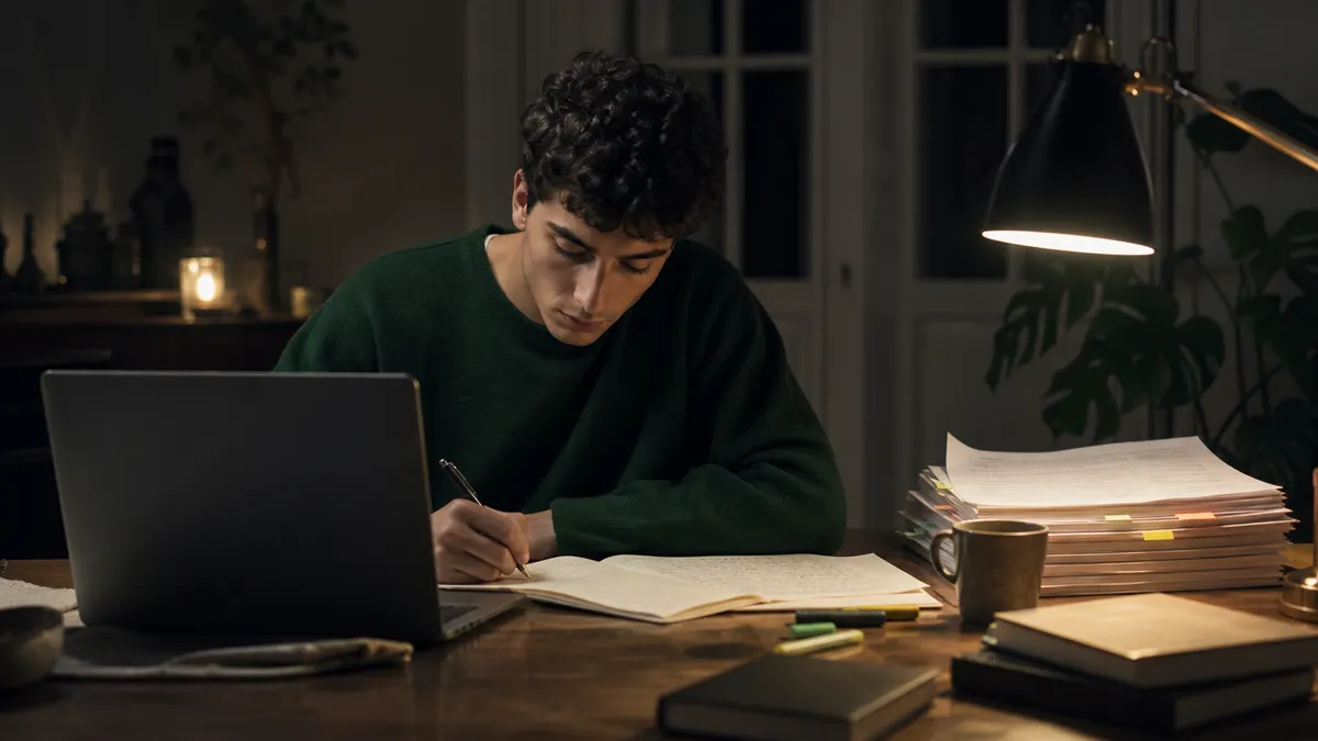 Scrivania di uno studente universitario la sera: laptop aperto, quaderno pieno di appunti, evidenziatori, pila di fogli stam…