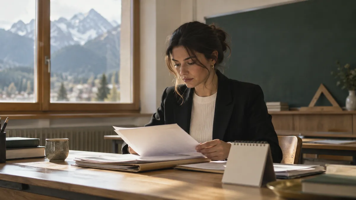 Aula scolastica in Trentino con docente che consulta un fascicolo di concorso e un calendario su un tavolo, luce naturale da…