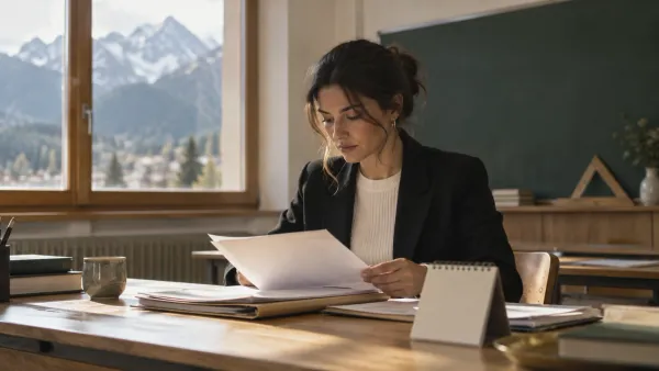 Aula scolastica in Trentino con docente che consulta un fascicolo di concorso e un calendario su un tavolo, luce naturale da…