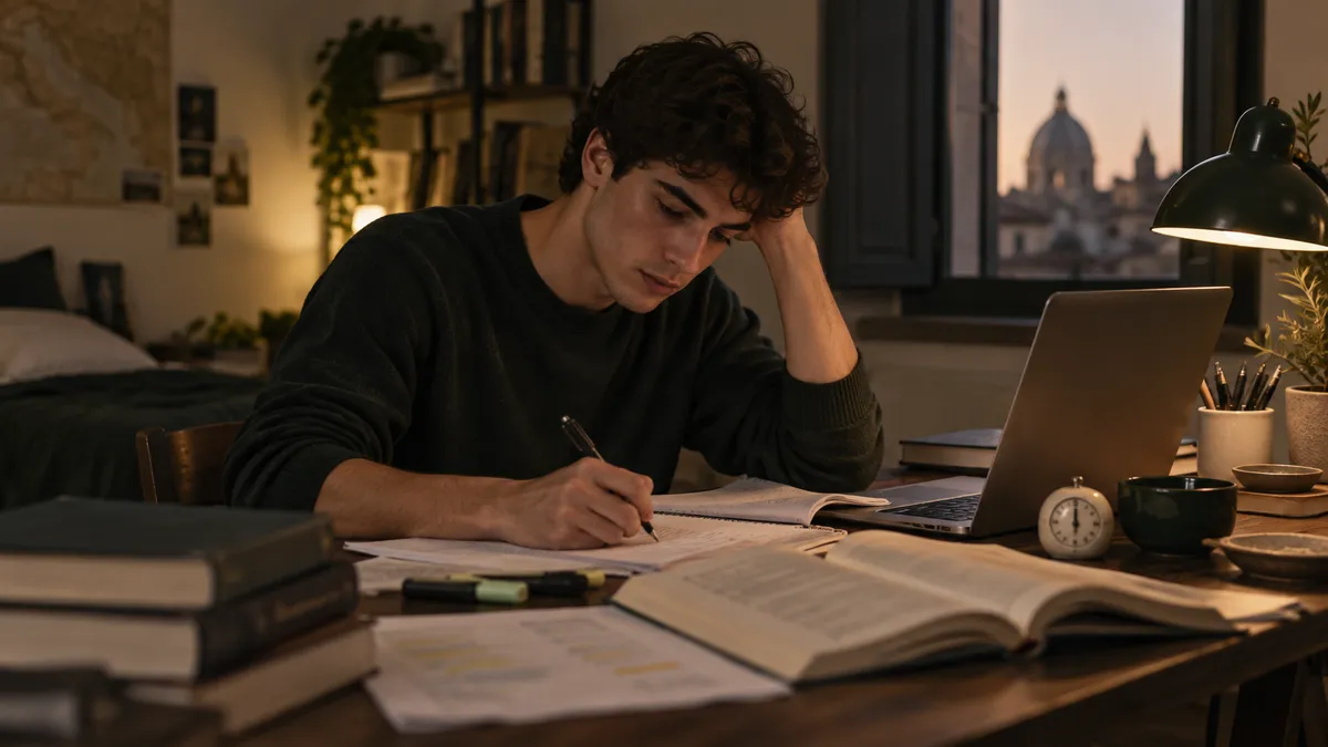 Scrivania di uno studente la sera prima della maturità: fogli con scaletta e appunti, manuale di italiano aperto, quaderno d…