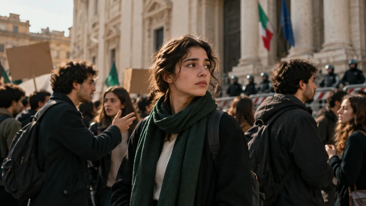 Scena realistica davanti a un grande edificio ministeriale a Roma: transenne, alcuni studenti in gruppo che discutono animat…