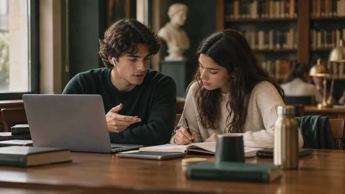 Due studenti universitari seduti a un tavolo in biblioteca con laptop e quaderni aperti; uno parla sottovoce con auricolari…