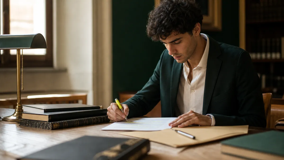 Tavolo di una biblioteca universitaria italiana con codici e appunti sparsi, un giovane praticante in giacca leggera che evi…
