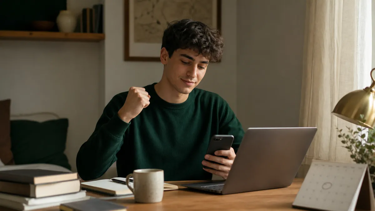 Scrivania da studente in una stanza in affitto: laptop aperto, telefono in mano con gesto di conferma, quaderno con appunti…