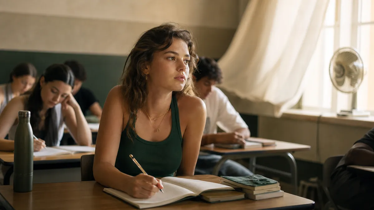 Aula scolastica italiana in pieno pomeriggio estivo: studenti seduti ai banchi con quaderni aperti e bottiglie d’acqua, luce…