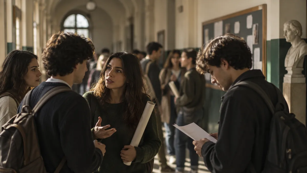 Corridoio di un liceo italiano durante un cambio dell’ora: studenti che discutono animatamente in piccoli gruppi, alcuni con…