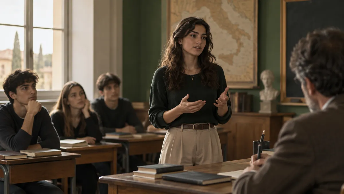 Aula di scuola superiore italiana durante un'interrogazione orale: una studentessa in piedi vicino alla cattedra parla con g…