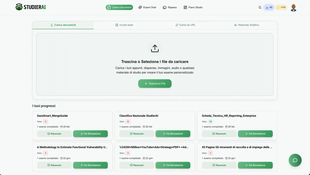 Interfaccia StudierAI - carica documenti e studia con AI